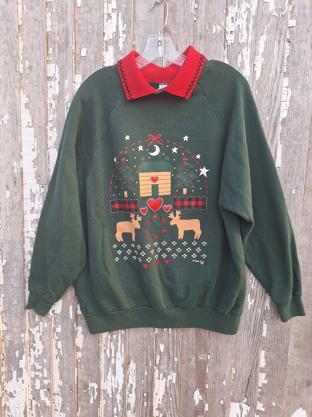 Women’s Forest Green Holiday Sweatshirt with Red Collar Grandma Core Size 2X
